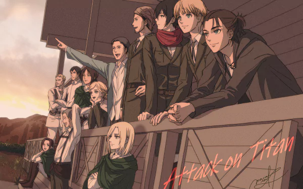 A group of characters from the anime Attack on Titan stand together on a balcony, gazing towards the horizon, set against a beautiful sunset backdrop. 4K Ultra HD quality.
