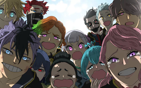 A vibrant HD desktop wallpaper featuring characters from the anime Black Clover, showcasing their playful expressions and distinct styles against a bright sky background.