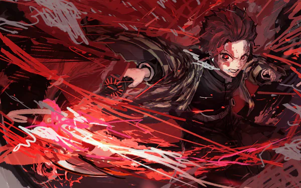 HD PC desktop wallpaper featuring Tanjiro Kamado from the anime Demon Slayer: Kimetsu no Yaiba in dynamic action pose with vivid red and black energy effects.
