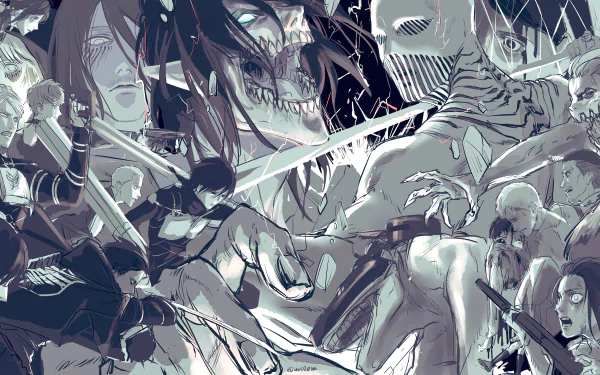 4K Ultra HD Attack on Titan anime wallpaper featuring intense battle scenes with Titans and soldiers wielding swords in a dynamic, action-packed composition.