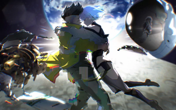 HD desktop wallpaper featuring David and Lucy from the anime Cyberpunk: Edgerunners. The characters are embracing against a futuristic, space-themed background.