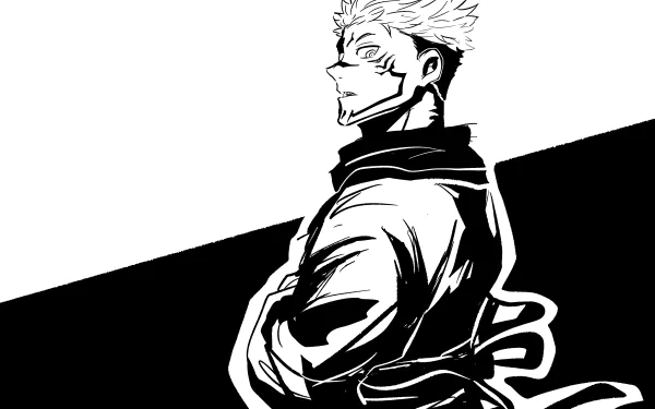 Monochrome 8K Ultra HD desktop wallpaper featuring Sukuna from the anime Jujutsu Kaisen in a striking profile pose.
