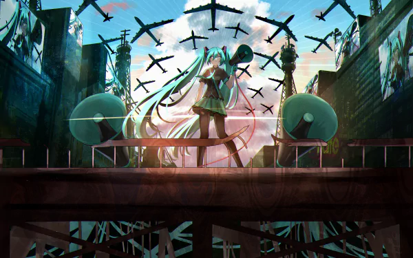 A 4K Ultra HD anime wallpaper featuring Hatsune Miku from Vocaloid standing on a bridge, surrounded by speakers and silhouetted airplanes in a dramatic urban setting.