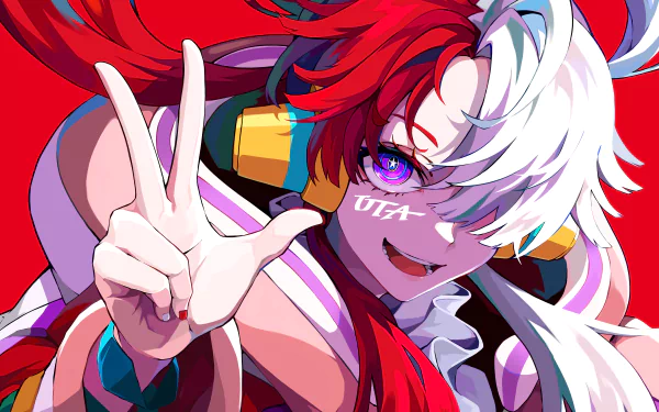 Vibrant 4K Ultra HD anime wallpaper featuring Uta from One Piece with striking red and white hair, purple eyes, and a dynamic peace sign pose.