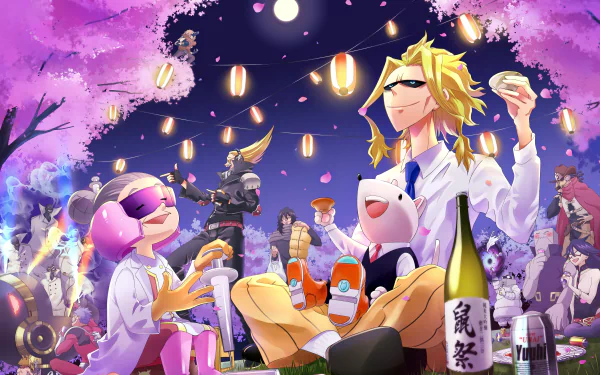 4K Ultra HD My Hero Academia wallpaper featuring All Might and other characters enjoying a vibrant cherry blossom festival under lantern-lit night skies.