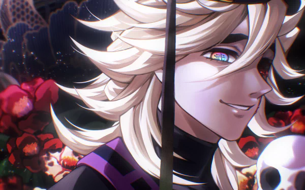 HD PC desktop wallpaper featuring Doma from the anime Demon Slayer: Kimetsu no Yaiba, showcasing his distinctive white hair and eerie smile against a dark floral background.