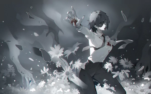 Himeno from Chainsaw Man in a grayscale anime style, surrounded by flowers, featured in a 4K Ultra HD PC desktop wallpaper and background.