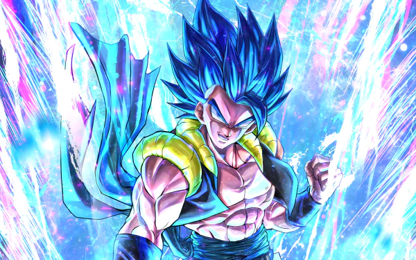 HD PC desktop wallpaper featuring Goku in his blue Super Saiyan form from the anime Dragon Ball Super, surrounded by vibrant energy and power effects.
