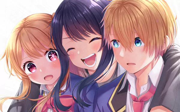 Anime-style HD desktop wallpaper featuring Ruby Hoshino, Aquamarine Hoshino, and Ai Hoshino from the series Oshi no Ko, showcasing vibrant colors and expressive faces.