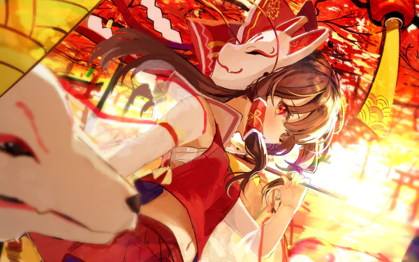 HD anime desktop wallpaper featuring Reimu Hakurei from Touhou, surrounded by vibrant red lanterns and warm autumn hues.