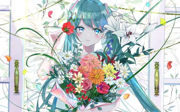 HD desktop wallpaper featuring Hatsune Miku from Vocaloid, surrounded by vibrant flowers and a light geometric background.