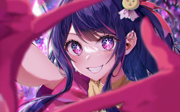 HD desktop wallpaper featuring Ai Hoshino from the anime Oshi no Ko, showcasing her vibrant purple eyes and playful expression with a bright, colorful background.