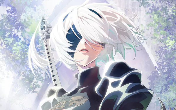 Anime-style 4K Ultra HD PC wallpaper featuring 2B from NieR:Automata Ver 1.1a with white hair, a blindfold, and a katana against a soft, pastel forest background.