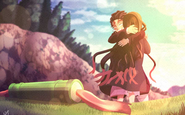A 4K Ultra HD anime wallpaper featuring Tanjiro Kamado carrying Nezuko Kamado from Demon Slayer: Kimetsu no Yaiba in a serene outdoor setting.