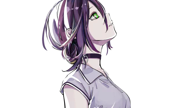Reze from Chainsaw Man anime, depicted in detailed 8K Ultra HD quality, with striking green eyes and purple hair, designed as a PC desktop wallpaper and background.