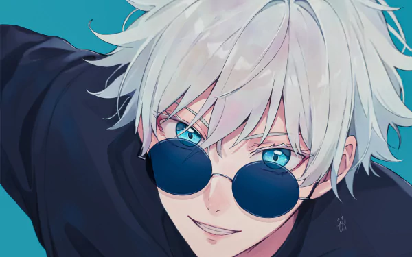HD desktop wallpaper featuring Satoru Gojo from the anime Jujutsu Kaisen, showcasing his iconic silver hair, blue eyes, and signature sunglasses.