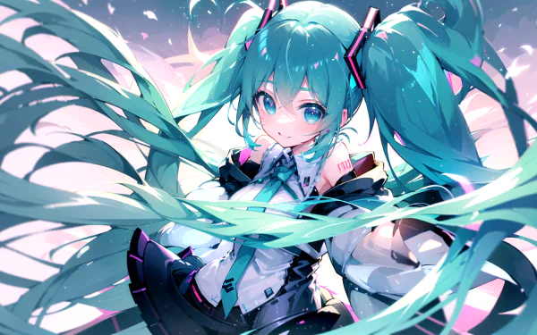 HD desktop wallpaper featuring Hatsune Miku, a popular character from the Anime Vocaloid series, with her signature turquoise twin-tails, bright eyes, and futuristic outfit, set against a vibrant background.