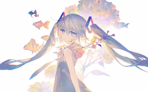 HD anime desktop wallpaper featuring Hatsune Miku from Vocaloid with flowing twin tails surrounded by pastel butterflies and soft floral elements.