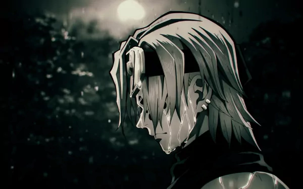 HD anime wallpaper featuring a somber character from Demon Slayer: Kimetsu no Yaiba, depicted in monochrome with rain and a glowing moon in the background.