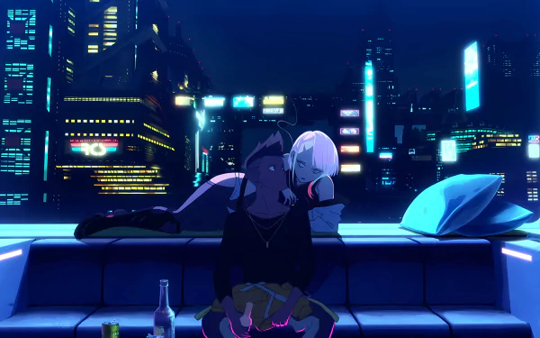 HD desktop wallpaper of David and Lucy from Cyberpunk: Edgerunners, sitting together on a rooftop with a futuristic cityscape in the background.