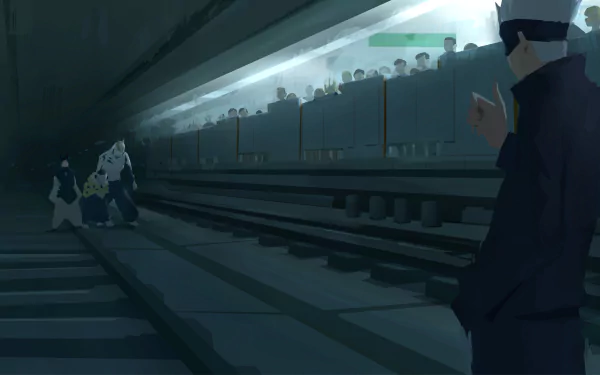 HD PC desktop wallpaper featuring Satoru Gojo from the anime Jujutsu Kaisen standing on a dimly lit subway platform with shadowy figures approaching.