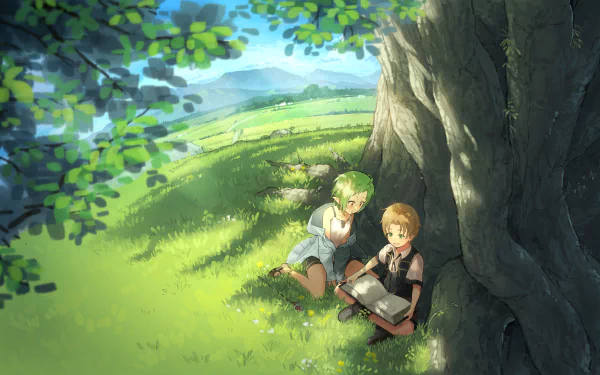 Rudeus Greyrat and Sylphiette from Mushoku Tensei: Jobless Reincarnation sit under a tree in a bright, detailed 4K Ultra HD anime desktop wallpaper.