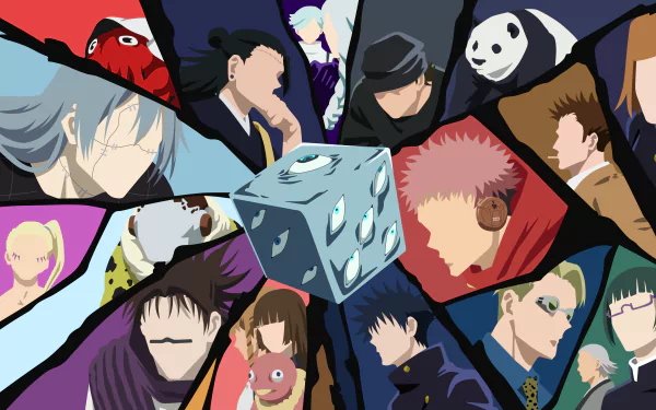HD desktop wallpaper featuring characters from the anime Jujutsu Kaisen, with a central dice surrounded by various character portraits in a dynamic layout.