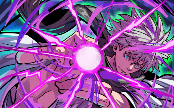 HD PC desktop wallpaper featuring Satoru Gojo from the anime Jujutsu Kaisen, showcasing vibrant purple and green energy effects.