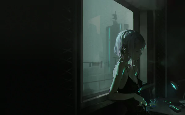 HD PC desktop wallpaper featuring a cyberpunk anime scene from Edgerunners, depicting a contemplative character with neon accents against a dark, futuristic cityscape.