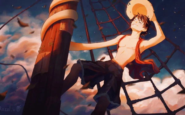 HD desktop wallpaper featuring Monkey D. Luffy from the anime One Piece, smiling with his straw hat on, standing atop a ship's mast against a colorful, cloud-filled sky.