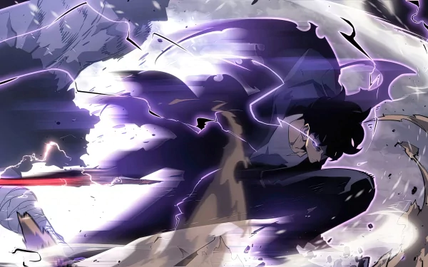 An intense HD wallpaper featuring Sung Jin-Woo from the anime Solo Leveling, capturing a dynamic action scene with vibrant colors and energy.