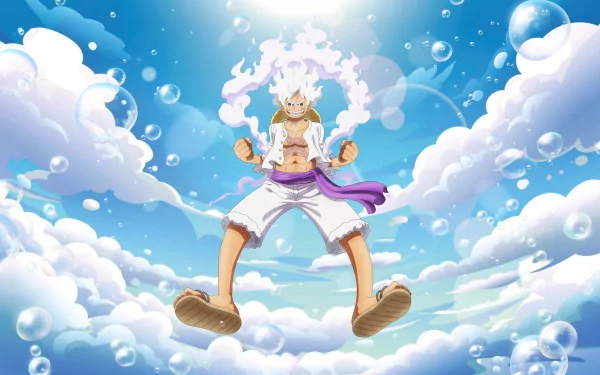 Monkey D. Luffy in Gear 5 form from One Piece, depicted in a vibrant 4K Ultra HD anime wallpaper with a bright sky and dynamic clouds background.
