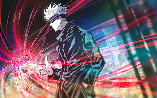 HD desktop wallpaper featuring Satoru Gojo from Jujutsu Kaisen, showcasing dynamic magical abilities with vibrant visual effects.
