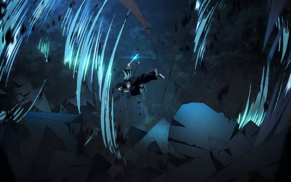 HD anime desktop wallpaper from Demon Slayer: Kimetsu no Yaiba featuring an intense battle scene in a dark, forested area with dynamic action and vivid blue tones.