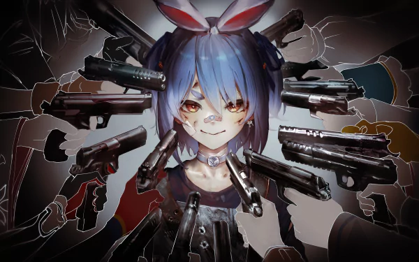 4K Ultra HD anime wallpaper featuring Usada Pekora, the blue-haired virtual YouTuber girl from hololive, surrounded by multiple hands holding guns.