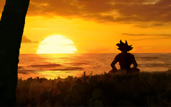 Anime-inspired Dragon Ball character watches a vibrant sunset over the ocean in this 4K Ultra HD PC desktop wallpaper and background.