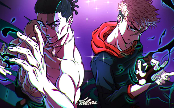 A vibrant 4K Ultra HD anime wallpaper featuring Aoi Todo and Yuji Itadori from Jujutsu Kaisen with dynamic poses and glowing effects.