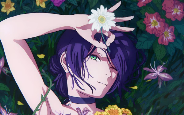 HD anime desktop wallpaper featuring Reze from Chainsaw Man, surrounded by vibrant flowers with a white daisy held near her face.