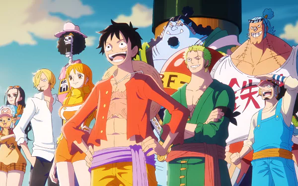 HD PC desktop wallpaper featuring the main crew from the anime One Piece standing together with a bright sky background.