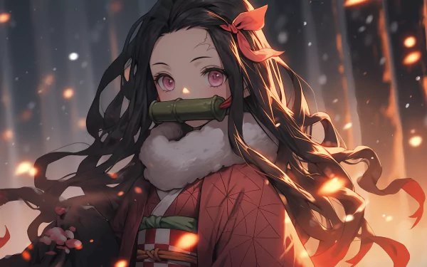 HD wallpaper featuring Nezuko Kamado from Demon Slayer: Kimetsu no Yaiba. She stands amidst a backdrop of swirling flames and a mystical forest, exuding strength and grace.