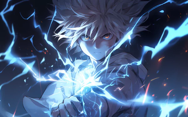A striking HD wallpaper featuring Killua Zoldyck from Hunter x Hunter, showcasing his intense expression and dynamic lightning powers in a dramatic dark background.