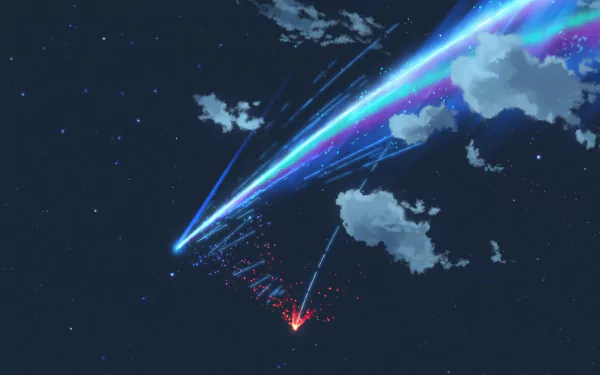 4K Ultra HD anime wallpaper from the movie Your Name. showing vibrant comet trails crossing a starry night sky filled with clouds, symbolizing love and connection.