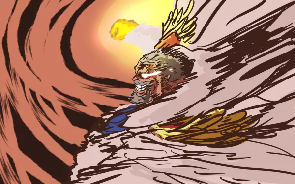 Anime-style 4K Ultra HD wallpaper featuring Monkey D. Garp from One Piece, depicted with dynamic flames and powerful winged elements in a bold, energetic composition.