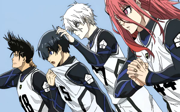 HD PC desktop wallpaper featuring four intense characters from the anime Blue Lock, dressed in sporty uniforms and ready for action.