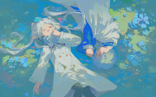 HD anime desktop wallpaper from Frieren: Beyond Journey's End, featuring characters Frieren and Himmel lying on a flower-covered meadow.
