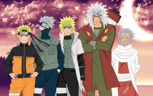 HD wallpaper featuring Hiruzen Sarutobi, Jiraiya, Minato Namikaze, Kakashi Hatake, and Naruto Uzumaki from the anime Naruto, set against a colorful, starry sky backdrop.