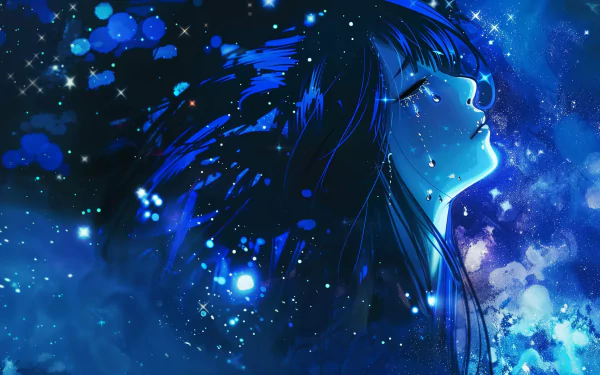A high-definition anime wallpaper featuring a sad girl with tears in a blue aesthetic, capturing a melancholic atmosphere amidst a starry, vibrant background.