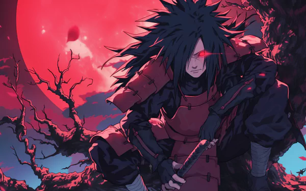 HD desktop wallpaper featuring the anime character Madara Uchiha with the Sharingan from Naruto, poised in a dynamic stance against a crimson moon backdrop.