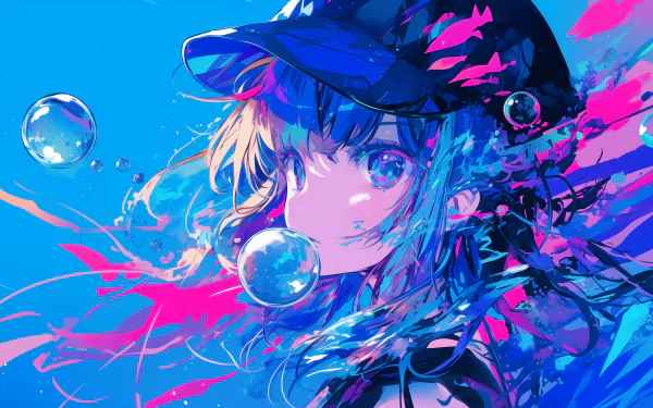 Anime girl with blue hair and cap on vibrant blue and pink background HD wallpaper.