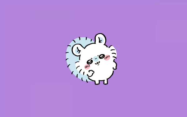 A cute white character from the anime Chiikawa with rosy cheeks and a playful expression, set against a vibrant purple background. A charming HD desktop wallpaper.